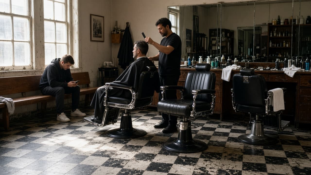 A barbershop floor with a cut in progress and a client waiting