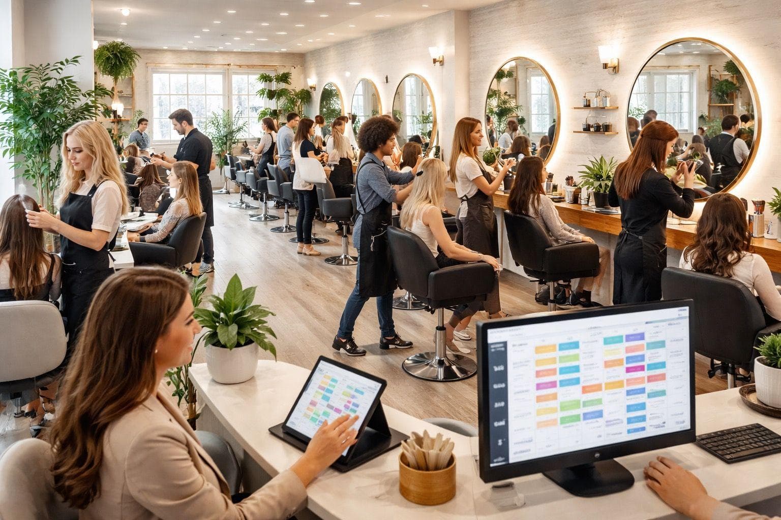A laptop on a barber counter showing the Elite Cuts dashboard, with the booking page open on a phone beside it