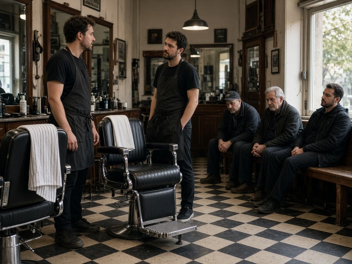 Two barbers looking at each other while clients wait on a bench