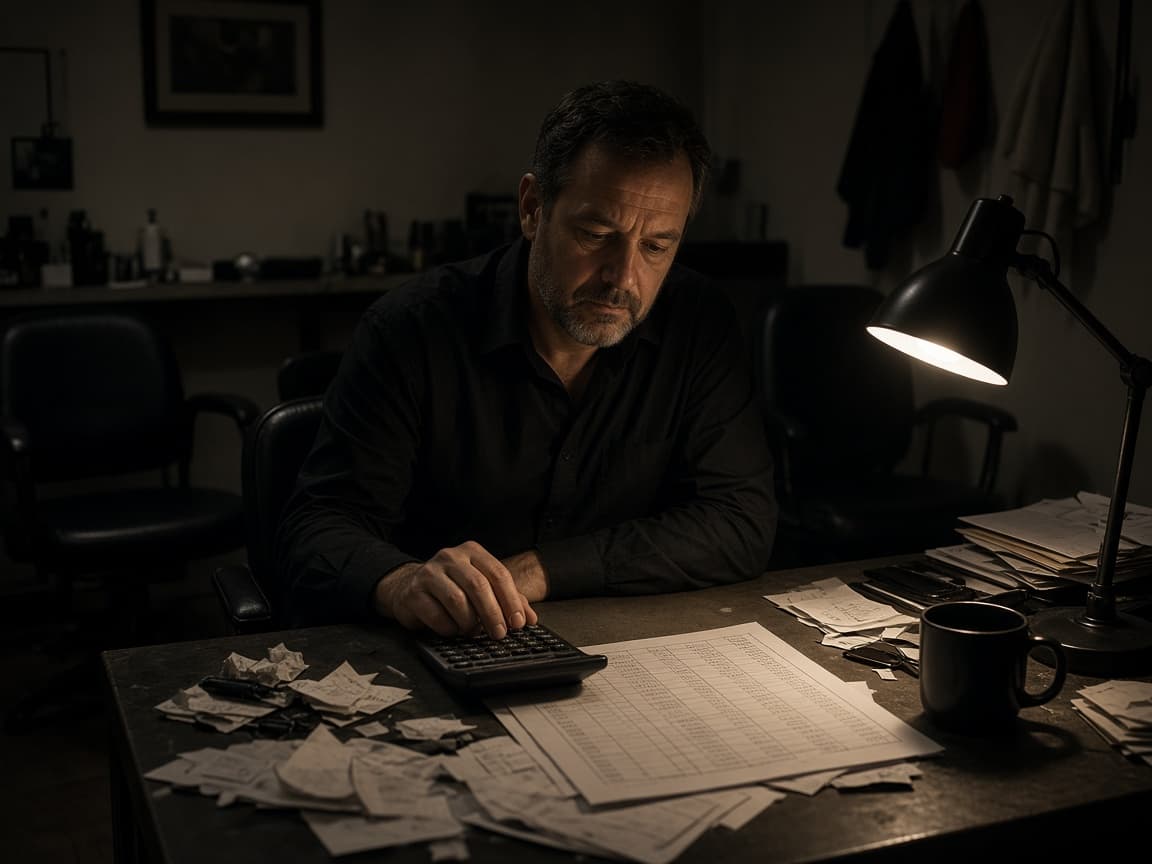 A shop owner at night with a calculator and paper receipts