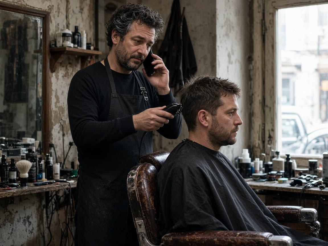 A barber paused mid-cut with a phone at his ear