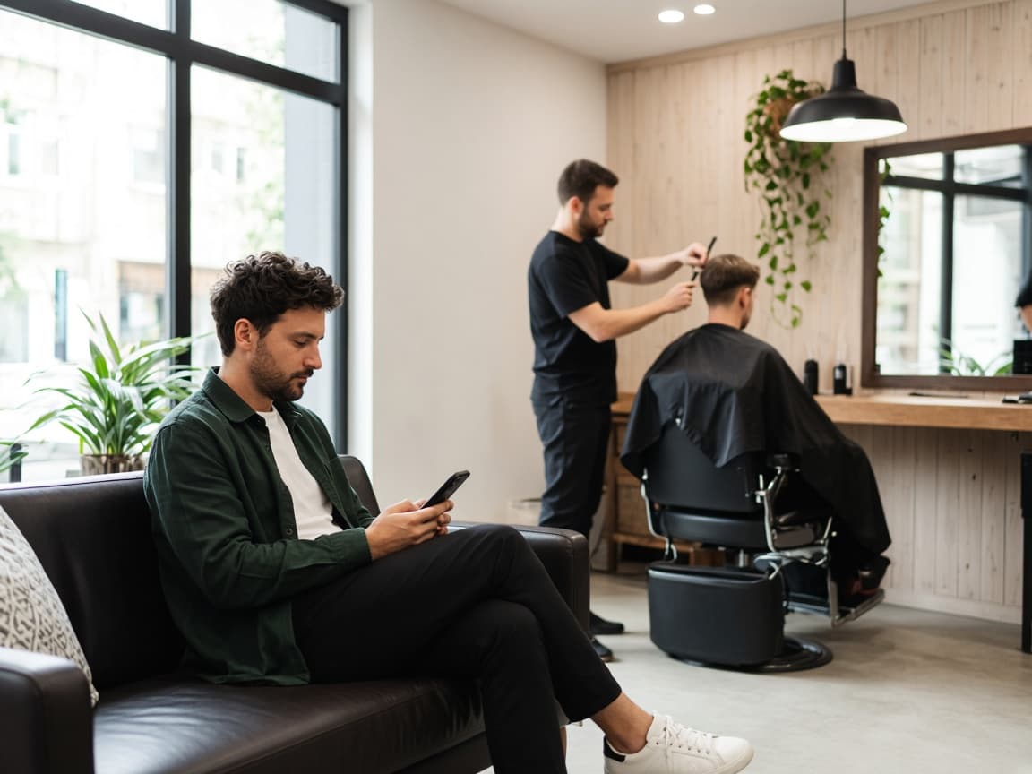 A client booking on their phone while a haircut continues