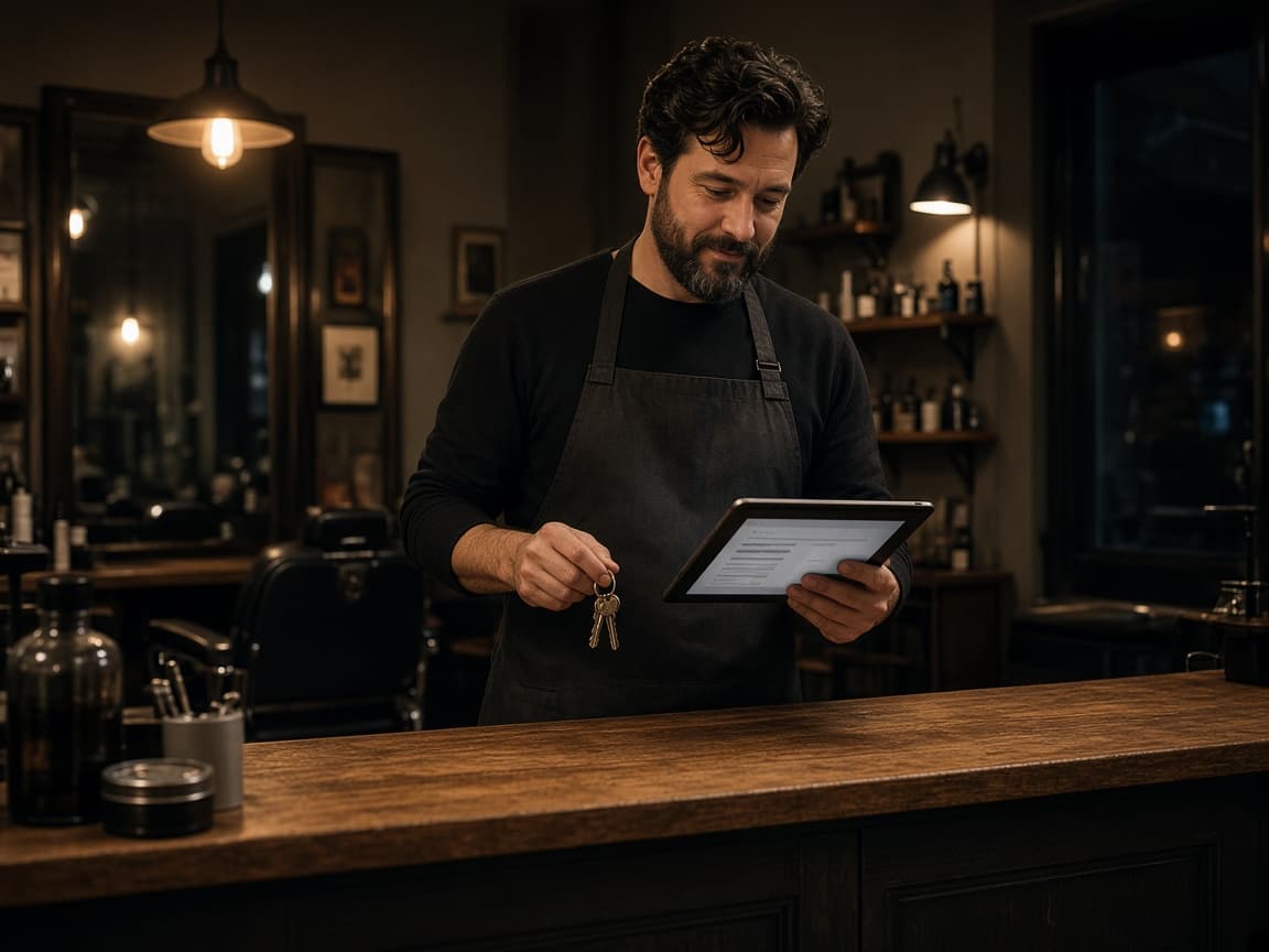 An owner at closing reviewing the day’s numbers on a tablet