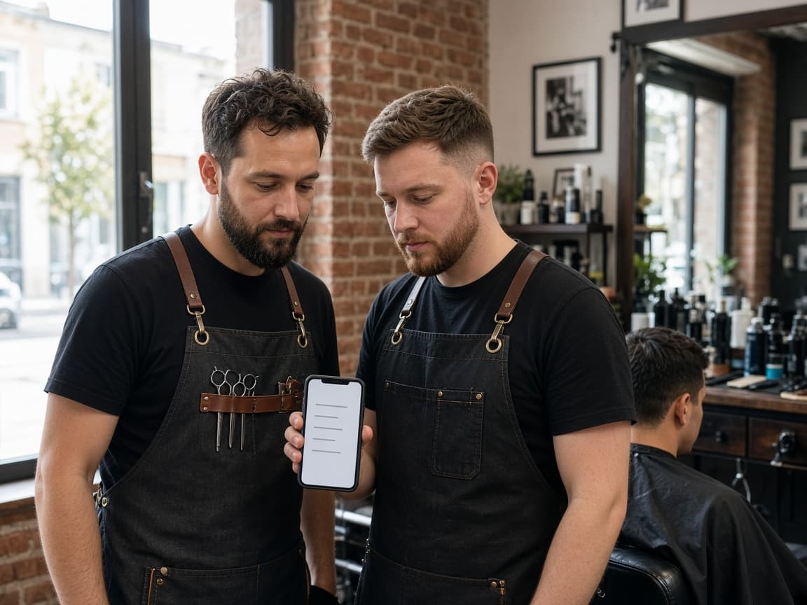 Two barbers checking the same live queue on a phone