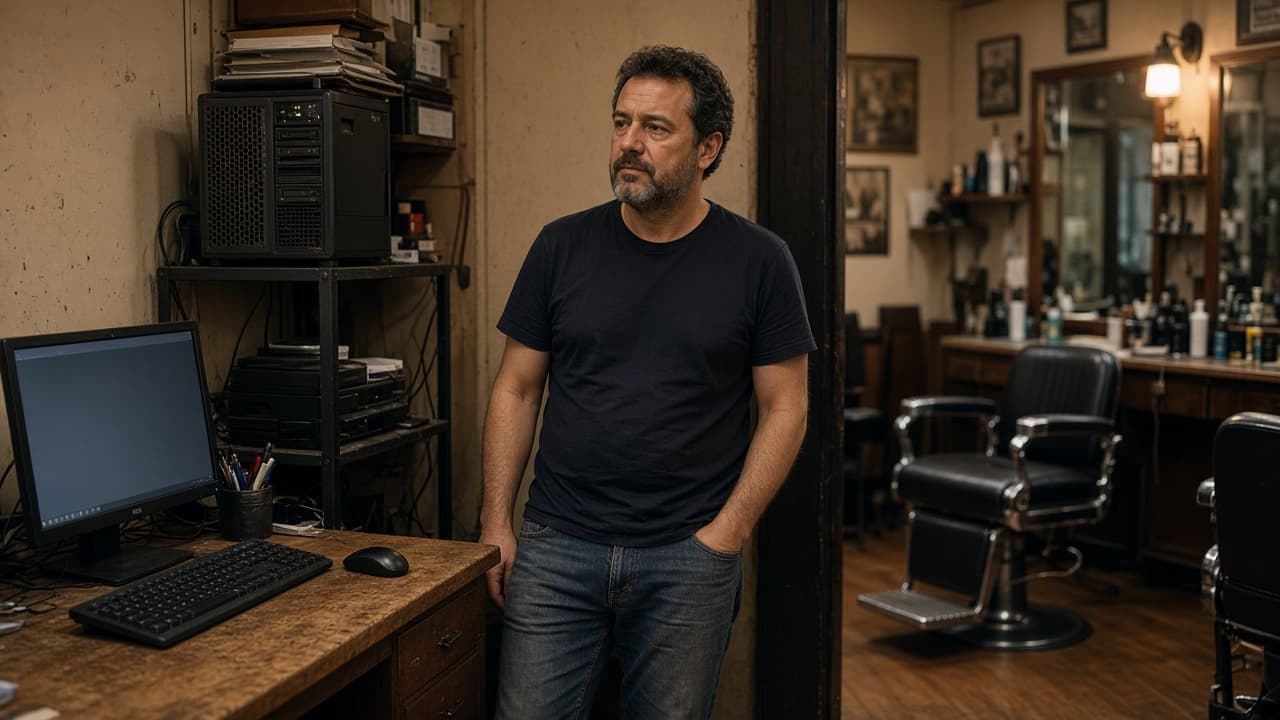 A shop owner beside the computer and server in his own back room