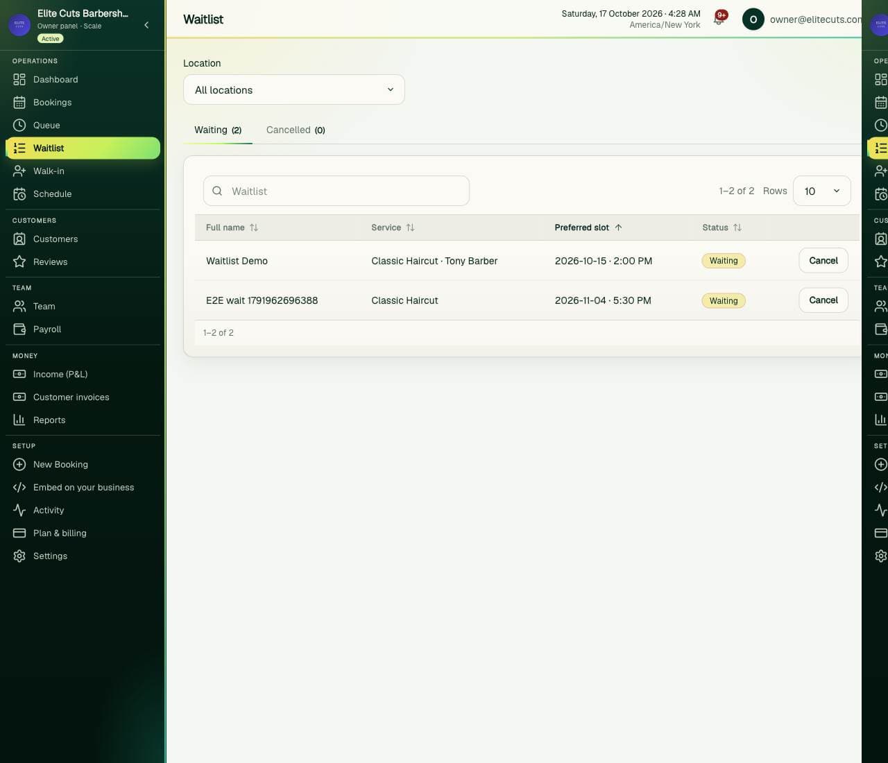 Waitlist in the hosted AppointHive owner workspace